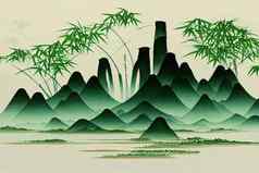 绿色竹子蓝色的山白色背景