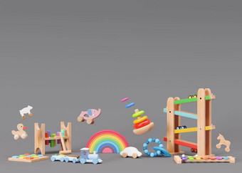 孩子们的玩具灰色的背景复制空间五彩缤纷的木玩具蹒跚学步的婴儿生态友好的玩具塑料免费的空空间文本广告木琴金字塔渲染