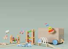 孩子们的玩具绿色背景复制空间五彩缤纷的木玩具蹒跚学步的婴儿生态友好的玩具塑料免费的空空间文本广告呈现