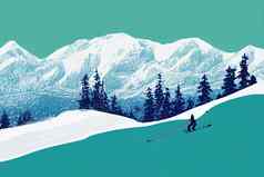 滑雪山插图时尚的平风格