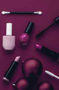 化妆化妆品产品集美品牌圣诞节出售促销活动奢侈品品红色的平铺背景假期设计