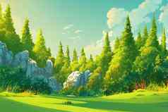 卡通森林背景自然景观落叶树莫斯