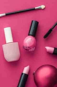 化妆化妆品产品集美品牌圣诞节出售促销活动奢侈品粉红色的平铺背景假期设计