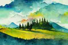 全景山范围水彩景观绘画纸背景