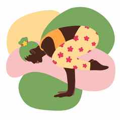 手画插图黑色的非洲美国女人瑜伽构成现代绿色粉红色的设计平衡和谐健康概念放松锻炼健身身体体育运动