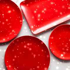 红色的空板大理石表格平铺背景餐具装饰浪漫的假期晚餐圣诞节时间情人节一天