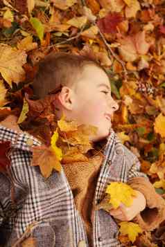 户外有趣的秋天孩子玩秋天下降叶子公园快乐男孩说谎黄色的叶子在户外视图