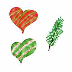 手画插图圣诞节红色的绿色心松云杉针叶树分支冬天一年假期装饰卡片邀请水彩闪闪发光的传统的装饰聚会，派对设计