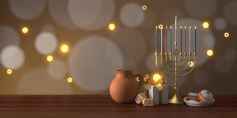 呈现图像犹太人假期光明节烛台传统的枝状大烛台gif盒子Jar木陀螺旋转前棕色（的）背景