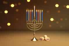 呈现图像犹太人假期光明节烛台传统的枝状大烛台木陀螺旋转前散景背景