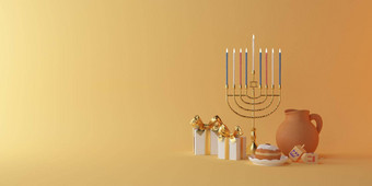 呈现图像犹太人假期光明节烛台传统的枝状大烛台gif盒子甜甜圈木陀螺纺纱前甜甜圈黄色的背景