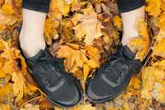 前视图休闲女人黑色的运动鞋秋天叶子