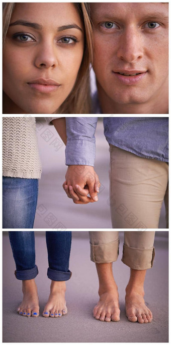 水平爱分裂视图年轻的夫妇不同照片描绘在一起