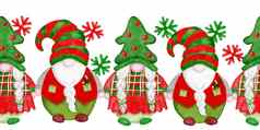 手画无缝的水平边境水彩圣诞节地精红色的绿色雪花斯堪的那维亚北欧季节装饰明亮的快乐冬天卡片邀请