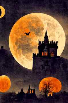 万圣节晚上插图完整的月亮城堡背景万圣节插图