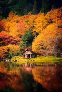 小屋森林湖森林秋天