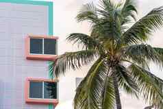 特写镜头典型的色彩斑斓的艺术德科体系结构热带棕榈树海洋开车南海滩迈阿密佛罗里达美国