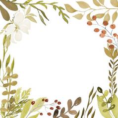 水彩花框架设计水彩花环花树叶分支插图