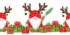 手画无缝的水平边境水彩圣诞节地精红色的绿色鹿斯堪的那维亚北欧季节装饰明亮的快乐冬天卡片邀请