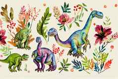 水彩恐龙手画集织物设计花