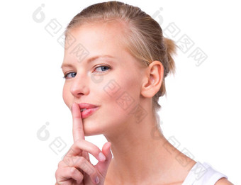 替代<strong>高能</strong>激光肖像美丽的年轻的女人手指嘴唇孤立的白色