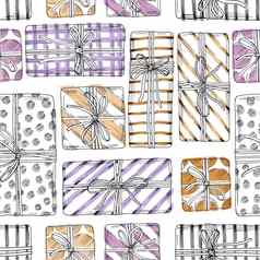 无缝的瓷砖模式圣诞节礼物行艺术插图涂鸦风格