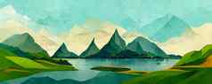 色彩斑斓的摘要壁纸纹理背景插图景观绿色山山海