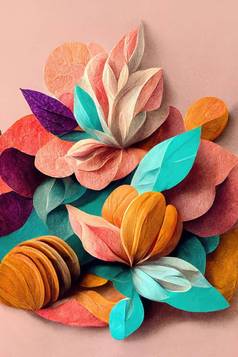 纸艺术装饰色彩斑斓的花渲染