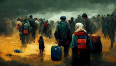 人群人袋背包走难民危机概念神经网络生成的艺术