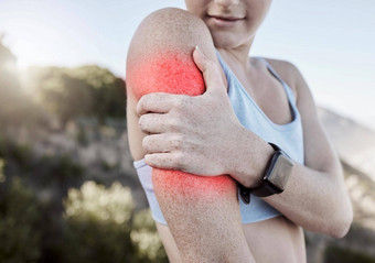 体育受伤手臂疼痛女人锻炼持有痛身体肌肉健身培训锻炼发光的红色的解剖学跑步者女运动员痛关节炎救援