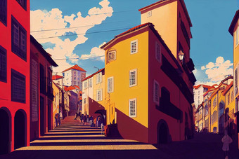 动漫风格港口葡萄牙10月美丽的场景港口市中心路行人大气古老的建筑概念旅行探索动漫