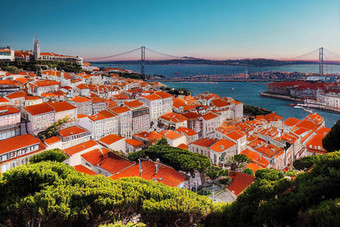 动漫风格美丽的的观点城市里斯本城市海背景动漫风格
