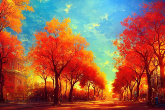 动漫风格色彩斑斓的秋天街道圣彼得堡城市俄罗斯美丽的秋天美丽的俄罗斯圣彼得堡城市秋天城市动漫风格