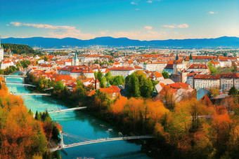 动漫风格卢布尔雅那美丽的城市欧洲迷人的资本斯洛文尼亚全景视图城堡三倍桥动漫风格