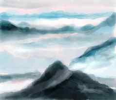 水彩插图遥远的山山峰多雾的山背景布勒颜色单调