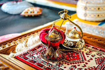 <strong>土耳其</strong>咖啡茶集色彩斑斓的传统的家用器皿<strong>土耳其</strong>主题咖啡咖啡馆