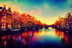 动漫风格春天场景阿姆斯特丹城市旅游船著名的荷兰运河色彩斑斓的晚上景观荷兰欧洲动漫风格