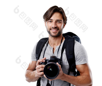 设备英俊的摄影师微笑相机