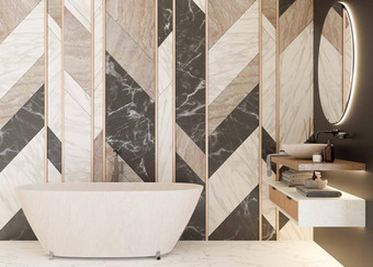 美丽的光现代浴室白色黑色的颜色大理石纹理浴缸脸盆首页室内当代风格奢侈品浴室设计室内设计项目酒店渲染