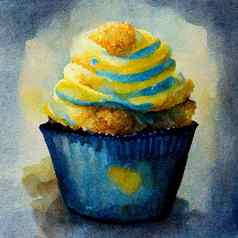 黄色的蓝色的水彩蛋糕装饰水果美味的香草蛋糕奶油