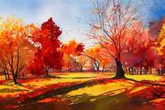 秋天景观摘要红色的树秋天的草