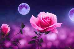 盛开的粉红色的玫瑰花令人难以置信的晚上神秘的花园