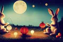 可爱的兔子夫妇享受美丽的月亮场景节日