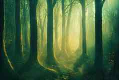 幻想世界被施了魔法森林魔法灯阳光照射的