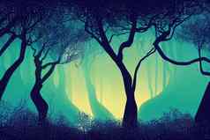 灌木丛晚上深仙女森林丛林轮廓