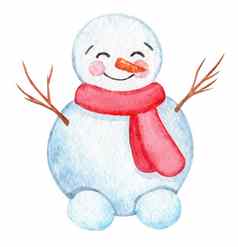 水彩有趣的雪人红色的围巾孤立的白色