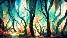 令人难以置信的水彩古老的插图树生活明亮的光环魔法仙女森林