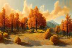 秋天景观山黄色的橙色树叶树