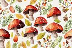 水彩秋天森林模式手画蘑菇罗文秋天