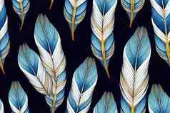 羽毛无缝的模式蓝色的羽毛白色背景水彩